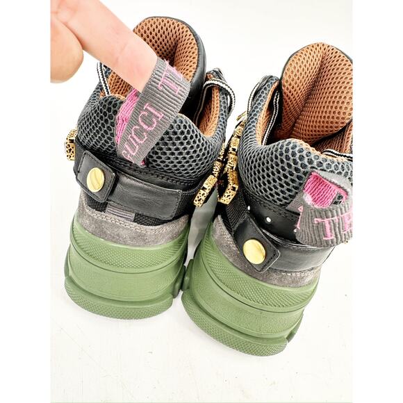 Gucci Flashtrek Chunky Green Gray Leather Crystal Embellished Sneakers Size 36.5 - Picture 4 of 9